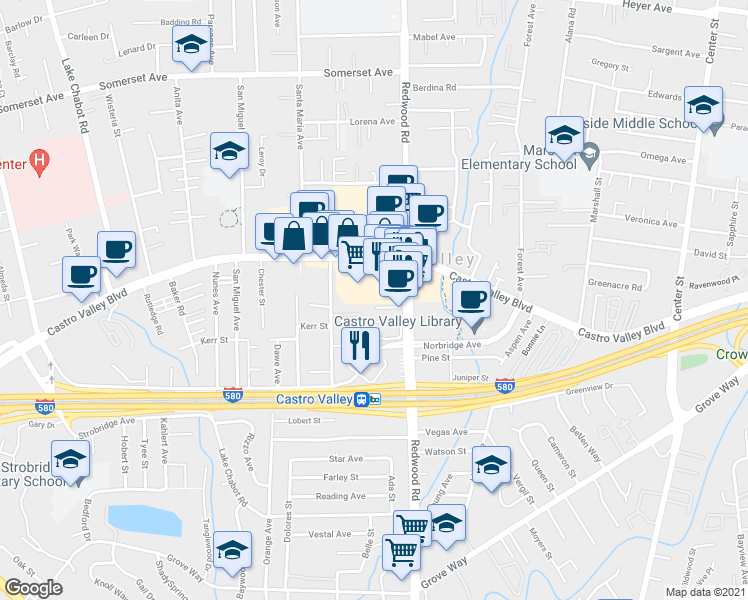 map of restaurants, bars, coffee shops, grocery stores, and more near 3341 Wilbeam Court in Castro Valley