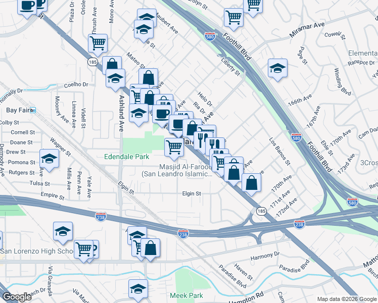 map of restaurants, bars, coffee shops, grocery stores, and more near 2 Kentwood Lane in San Leandro