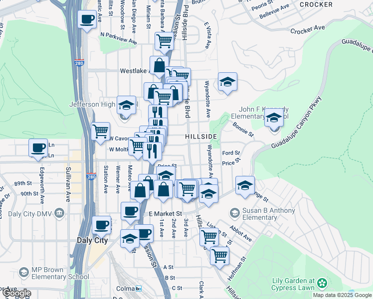 map of restaurants, bars, coffee shops, grocery stores, and more near 773 Hillside Boulevard in Daly City
