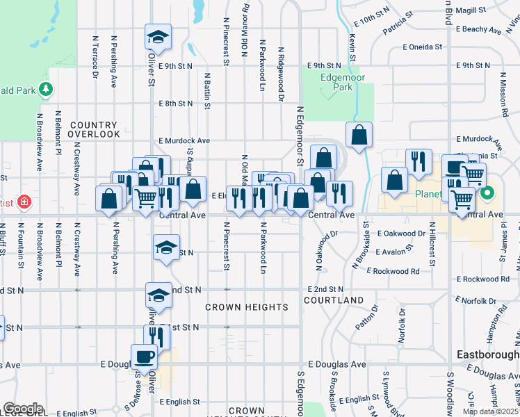 map of restaurants, bars, coffee shops, grocery stores, and more near 5405 E Central Ave in Wichita
