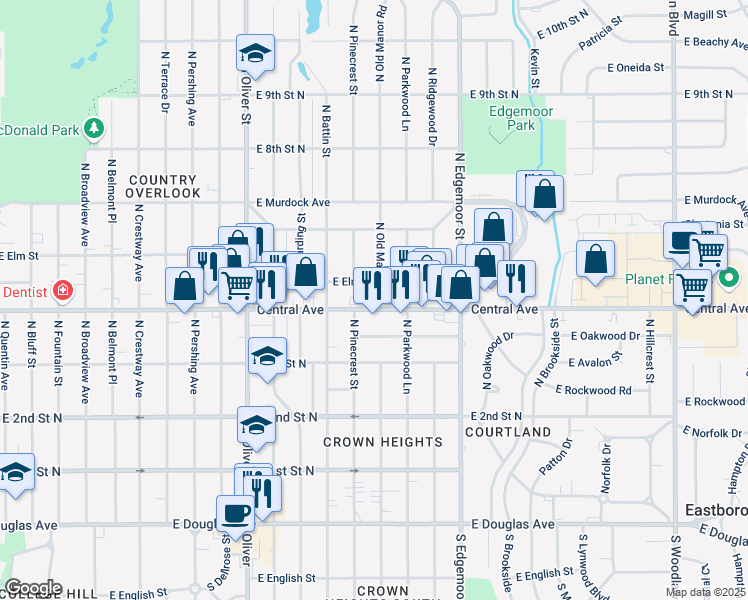 map of restaurants, bars, coffee shops, grocery stores, and more near 5231 E Central Ave in Wichita