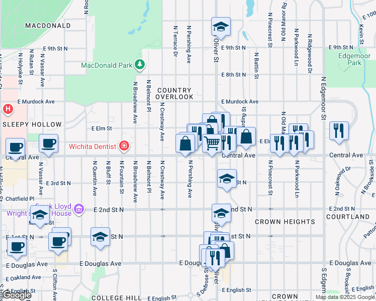 map of restaurants, bars, coffee shops, grocery stores, and more near 4605 East Central Avenue in Wichita