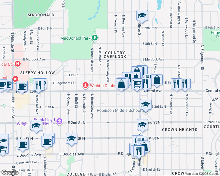 map of restaurants, bars, coffee shops, grocery stores, and more near 445 North Crestway Street in Wichita