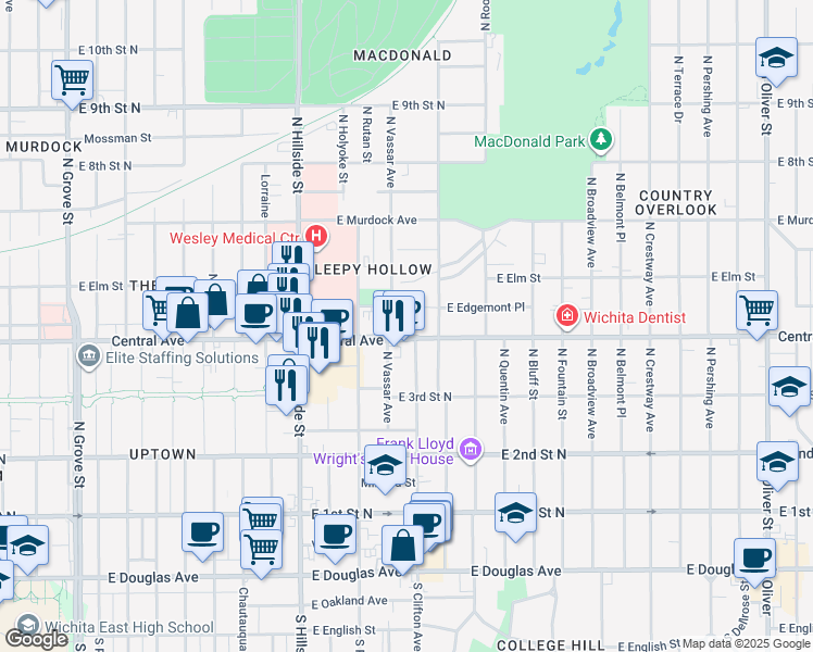map of restaurants, bars, coffee shops, grocery stores, and more near 3535 East Central Avenue in Wichita