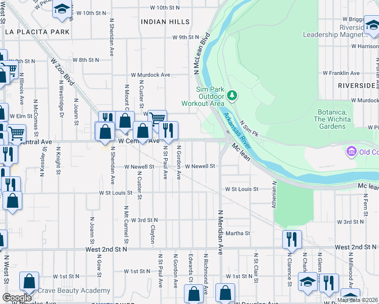 map of restaurants, bars, coffee shops, grocery stores, and more near 611 North Edwards in Wichita