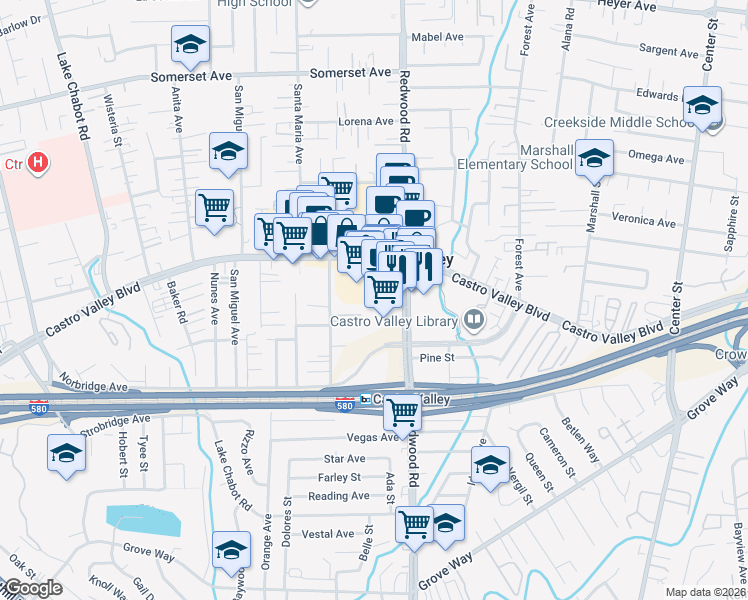 map of restaurants, bars, coffee shops, grocery stores, and more near 3440 Redwood Court in Castro Valley