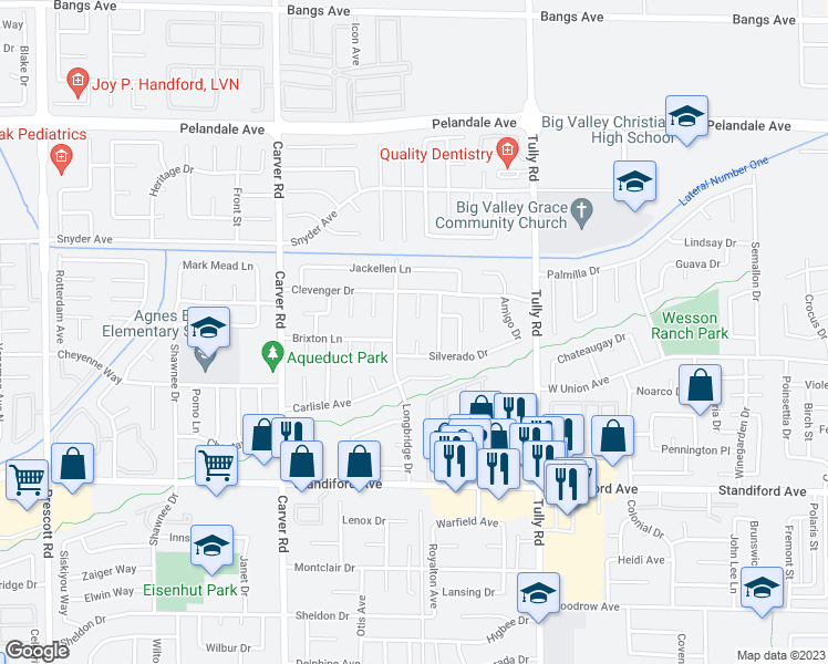 map of restaurants, bars, coffee shops, grocery stores, and more near 3721 Belbrook Place in Modesto