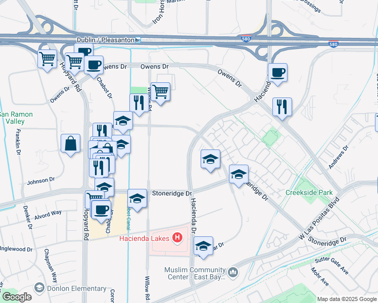 map of restaurants, bars, coffee shops, grocery stores, and more near 4422 Hacienda Drive in Pleasanton