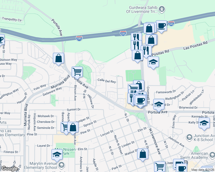 map of restaurants, bars, coffee shops, grocery stores, and more near 1660 Portola Avenue in Livermore