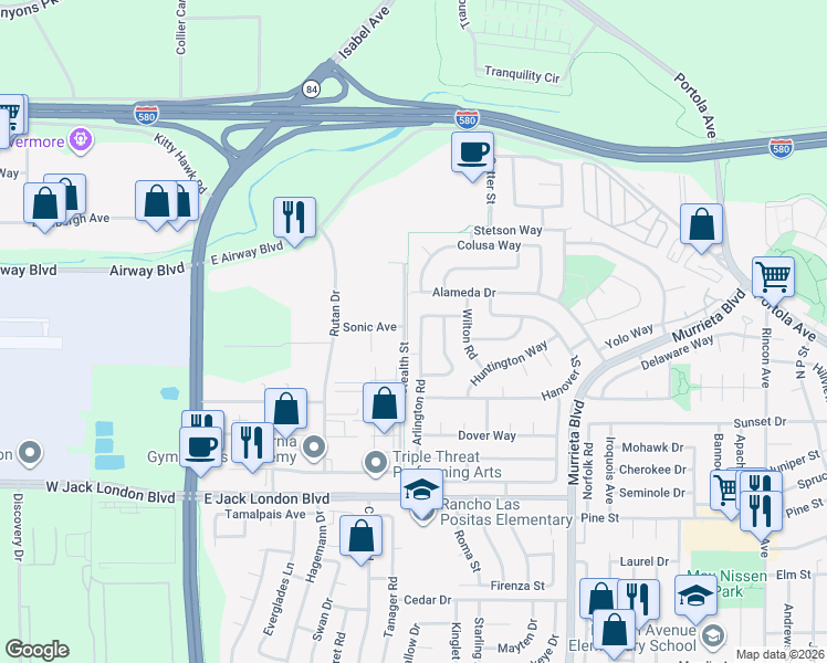 map of restaurants, bars, coffee shops, grocery stores, and more near 1428 Arlington Road in Livermore