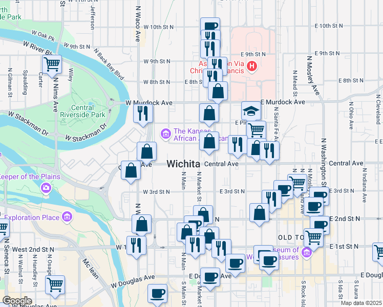 map of restaurants, bars, coffee shops, grocery stores, and more near 510 North Main in Wichita