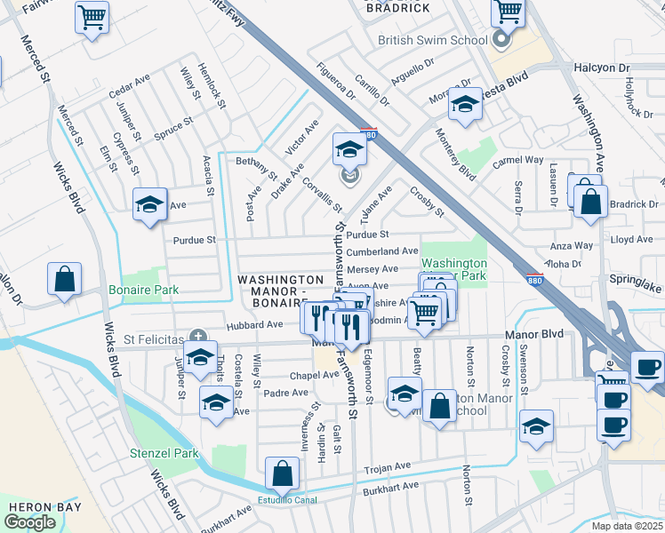map of restaurants, bars, coffee shops, grocery stores, and more near 14865 Farnsworth Street in San Leandro