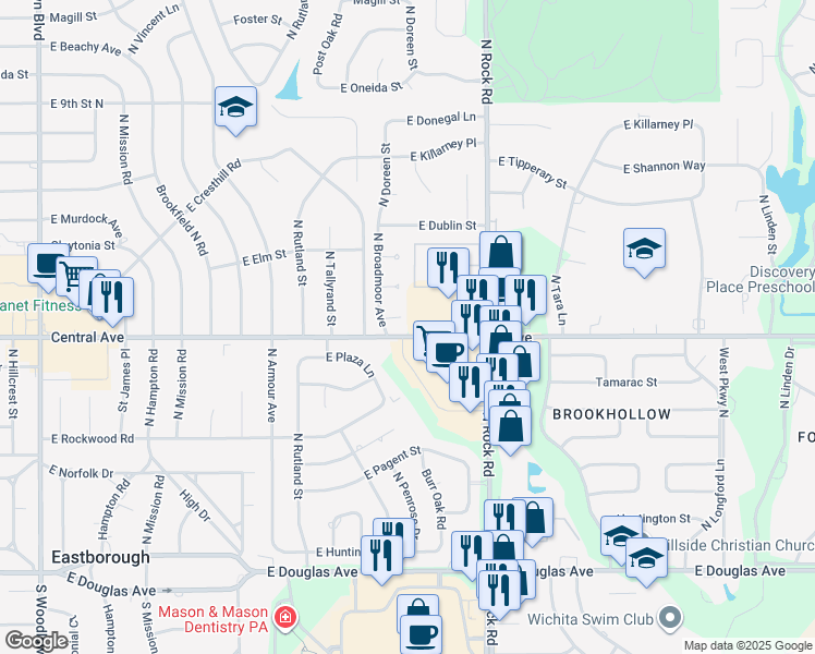 map of restaurants, bars, coffee shops, grocery stores, and more near 7703 E Central Ave in Wichita