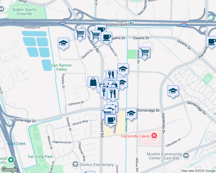 map of restaurants, bars, coffee shops, grocery stores, and more near 5059 Hopyard Road in Pleasanton