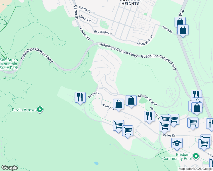 map of restaurants, bars, coffee shops, grocery stores, and more near 415 Callippe Court in Brisbane