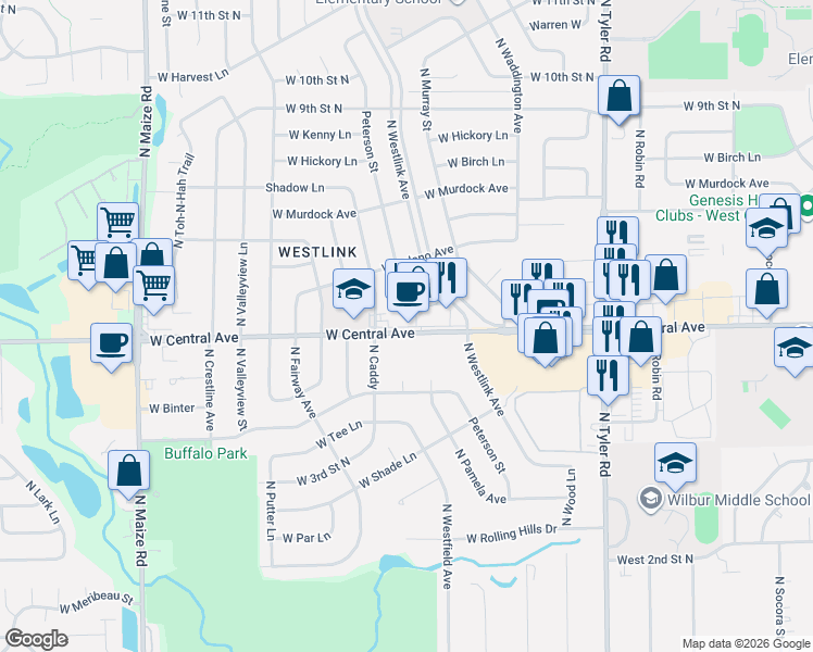 map of restaurants, bars, coffee shops, grocery stores, and more near 9435 West Central Avenue in Wichita