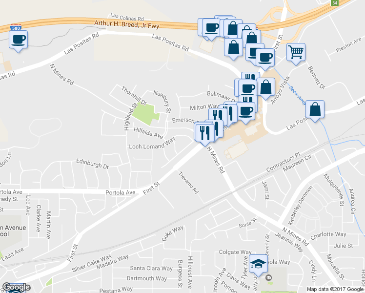 map of restaurants, bars, coffee shops, grocery stores, and more near 4128 Camrose Avenue in Livermore