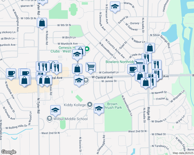 map of restaurants, bars, coffee shops, grocery stores, and more near 7999 West Central Avenue in Wichita