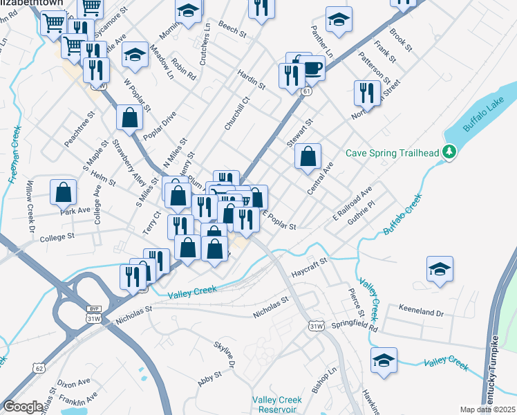 map of restaurants, bars, coffee shops, grocery stores, and more near 2050 North Dixie Highway in Elizabethtown