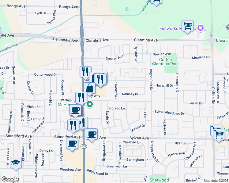 map of restaurants, bars, coffee shops, grocery stores, and more near 333 East Union Avenue in Modesto