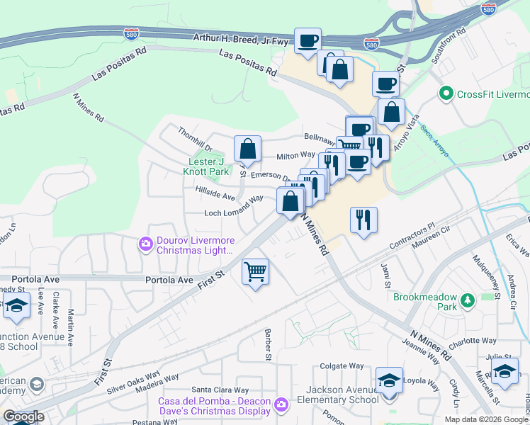 map of restaurants, bars, coffee shops, grocery stores, and more near 4128 Camrose Avenue in Livermore