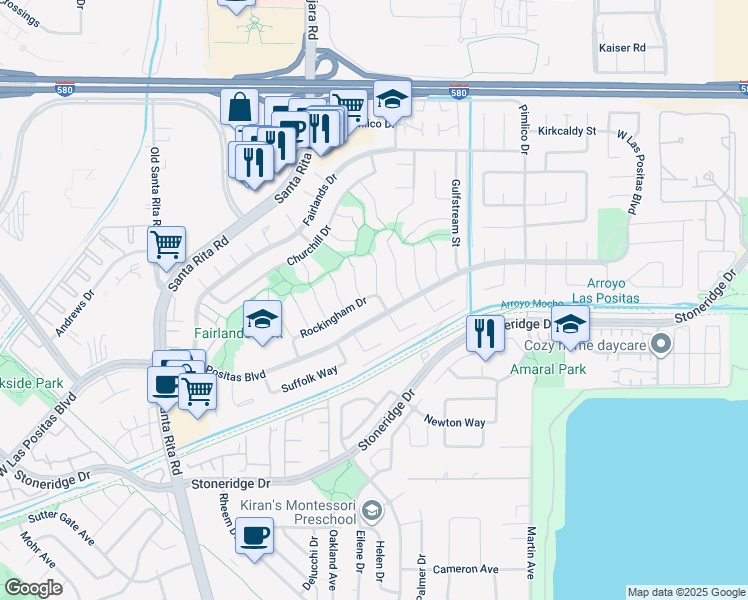 map of restaurants, bars, coffee shops, grocery stores, and more near 3910 Rockingham Drive in Pleasanton