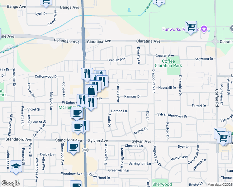 map of restaurants, bars, coffee shops, grocery stores, and more near 333 East Union Avenue in Modesto
