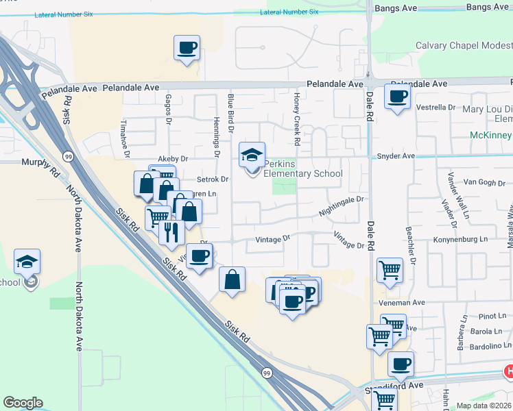 map of restaurants, bars, coffee shops, grocery stores, and more near 3309 Nightingale Drive in Modesto