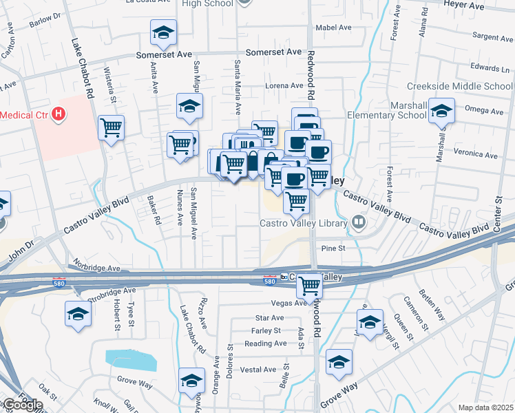 map of restaurants, bars, coffee shops, grocery stores, and more near 3270 Kerr Street in Castro Valley