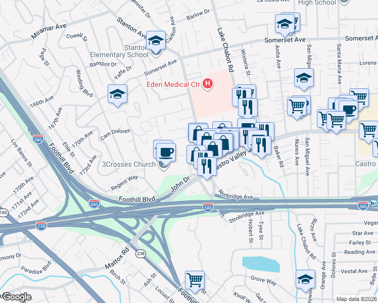 map of restaurants, bars, coffee shops, grocery stores, and more near 20513 Alameda Street in Castro Valley