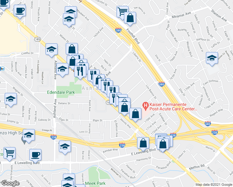map of restaurants, bars, coffee shops, grocery stores, and more near 1425 166th Avenue in San Leandro