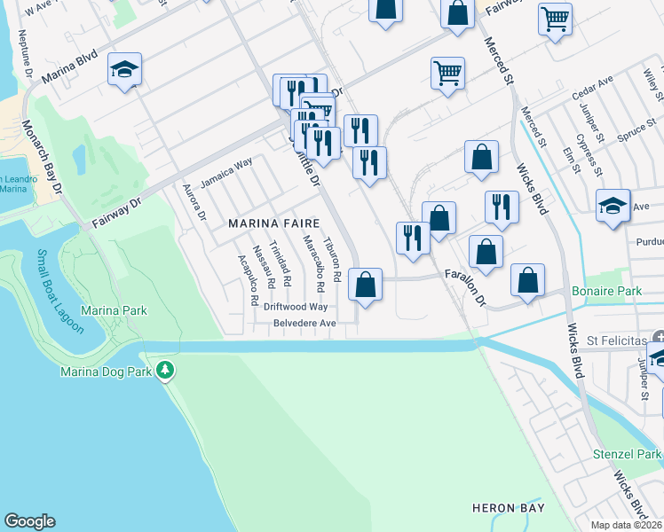 map of restaurants, bars, coffee shops, grocery stores, and more near 14498 Maracaibo Road in San Leandro