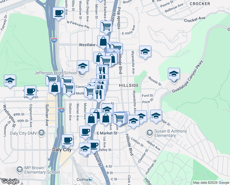 map of restaurants, bars, coffee shops, grocery stores, and more near 56 Garibaldi Street in Daly City