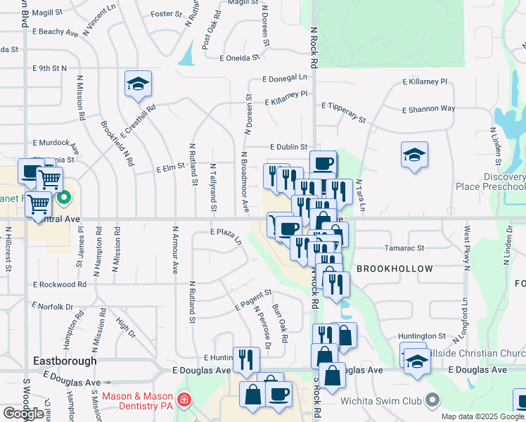 map of restaurants, bars, coffee shops, grocery stores, and more near 7703 E Central Ave in Wichita