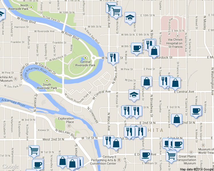 map of restaurants, bars, coffee shops, grocery stores, and more near in Wichita
