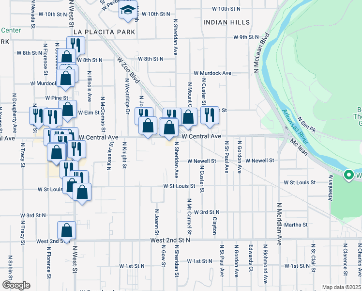 map of restaurants, bars, coffee shops, grocery stores, and more near 612 North Sheridan Street in Wichita