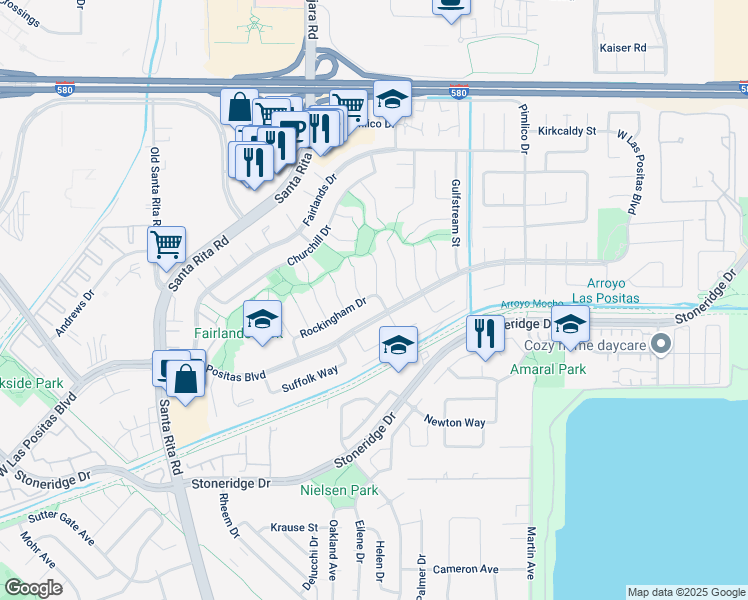 map of restaurants, bars, coffee shops, grocery stores, and more near 3910 Rockingham Drive in Pleasanton