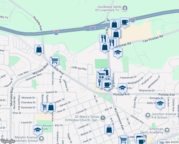 map of restaurants, bars, coffee shops, grocery stores, and more near 1789 Corte Sueno in Livermore