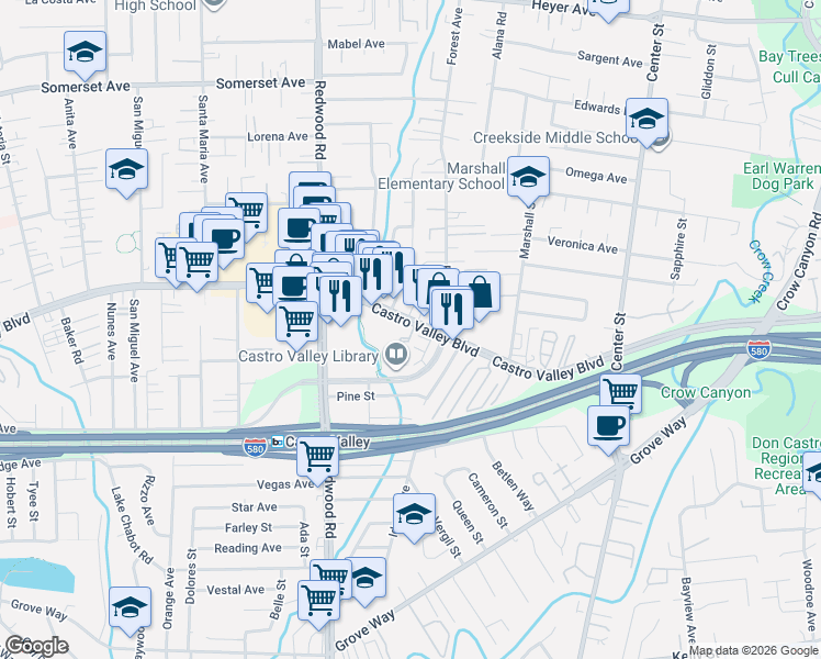 map of restaurants, bars, coffee shops, grocery stores, and more near 3789 Castro Valley Boulevard in Castro Valley