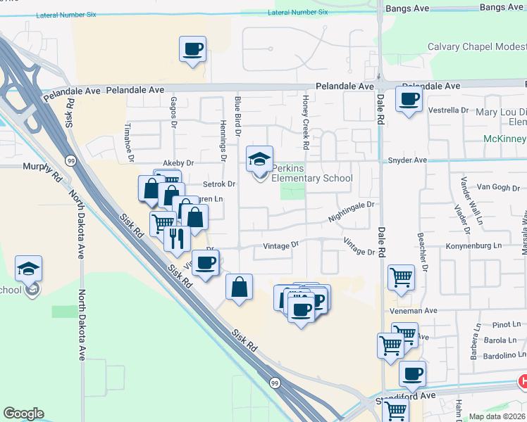 map of restaurants, bars, coffee shops, grocery stores, and more near 3309 Nightingale Drive in Modesto