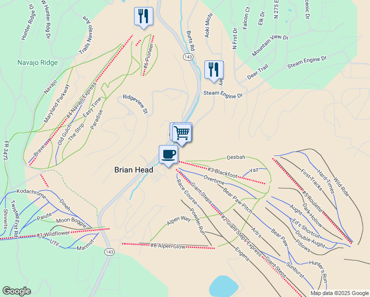 map of restaurants, bars, coffee shops, grocery stores, and more near 269 S Village Way in Brian Head