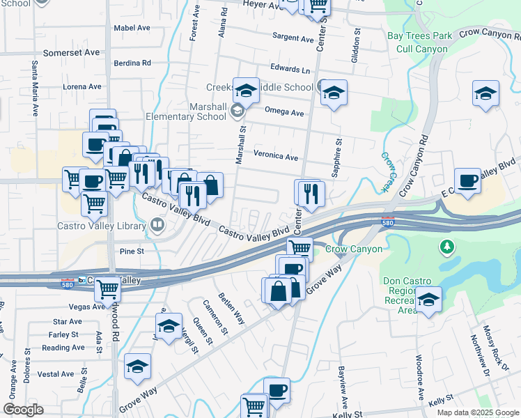 map of restaurants, bars, coffee shops, grocery stores, and more near 3970 Castro Valley Boulevard in Castro Valley