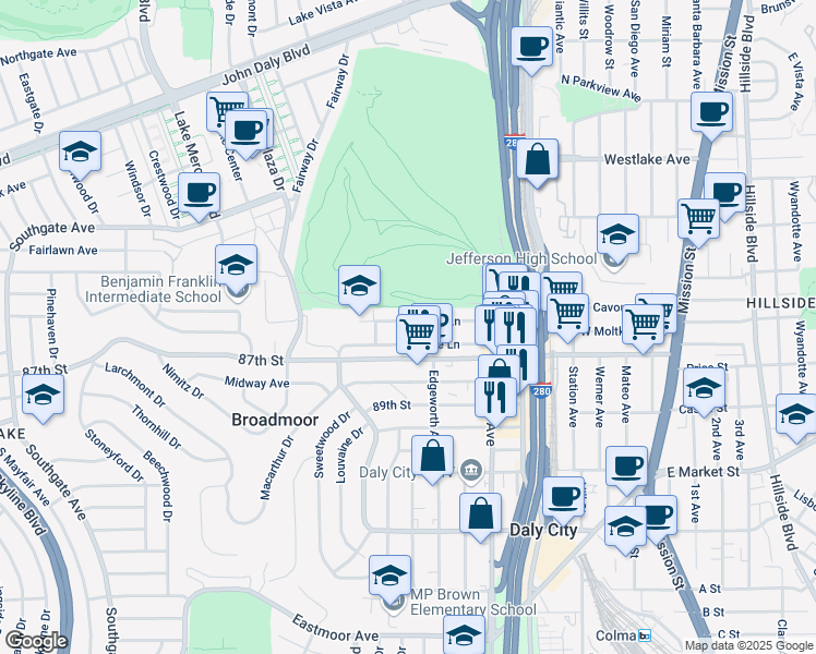 map of restaurants, bars, coffee shops, grocery stores, and more near 114 Garden Lane in Daly City