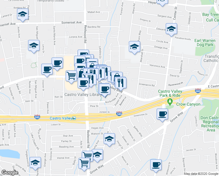map of restaurants, bars, coffee shops, grocery stores, and more near 3725 Castro Valley Boulevard in Castro Valley