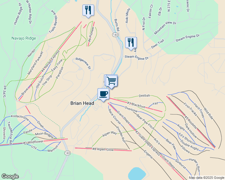 map of restaurants, bars, coffee shops, grocery stores, and more near 259 Utah 143 in Brian Head