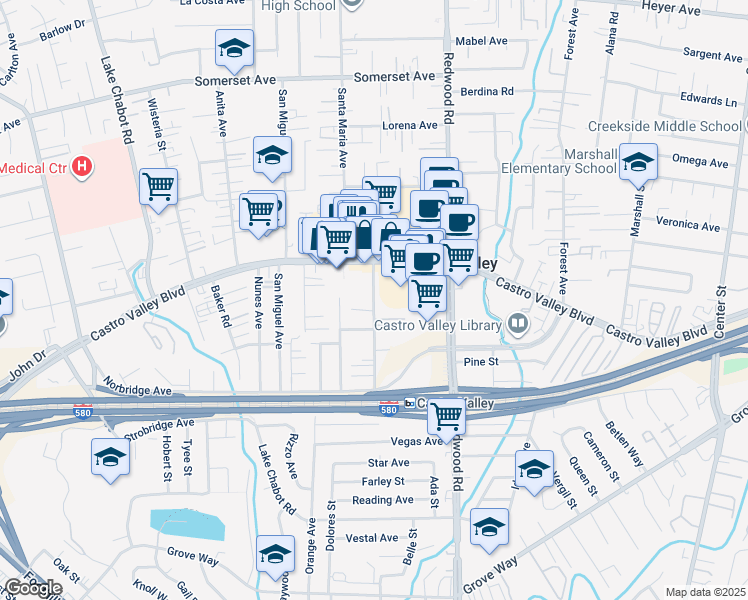 map of restaurants, bars, coffee shops, grocery stores, and more near 20881 Wilbeam Avenue in Castro Valley
