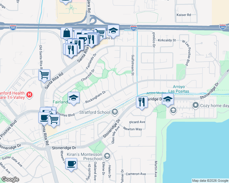 map of restaurants, bars, coffee shops, grocery stores, and more near 3208 Flemington Court in Pleasanton