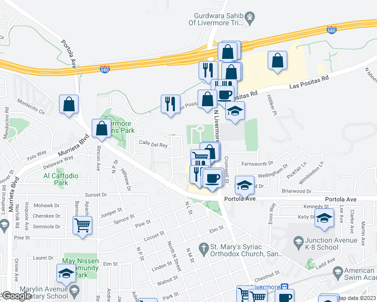 map of restaurants, bars, coffee shops, grocery stores, and more near 1268 Amalfi Common in Livermore