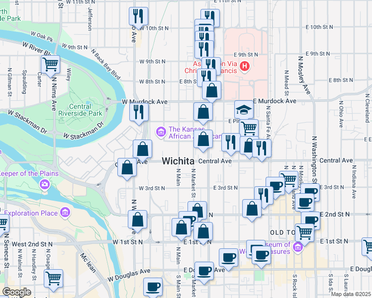 map of restaurants, bars, coffee shops, grocery stores, and more near 510 North Main in Wichita