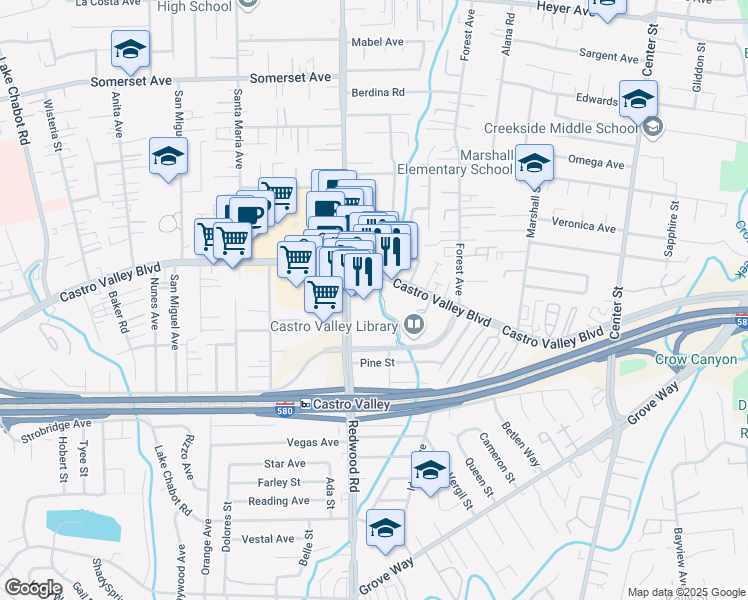 map of restaurants, bars, coffee shops, grocery stores, and more near 3563 Castro Valley Boulevard in Castro Valley